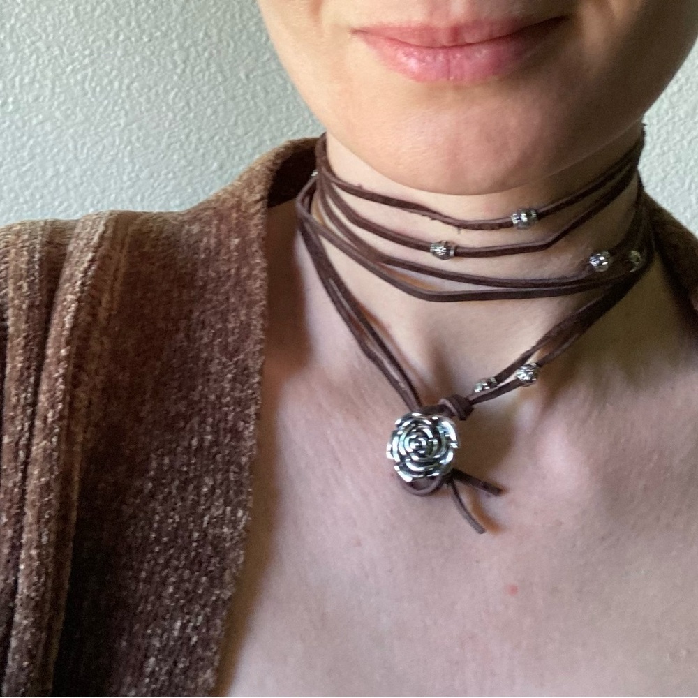 Brown Suede Rose Pendant Wrap Necklace/ Bracelet - Picture 2 of 10